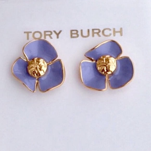 🆕 Tory Burch Authentic Small Purple Resin Fleur & Gold Tone Logo Stud Earrings - Picture 8 of 8